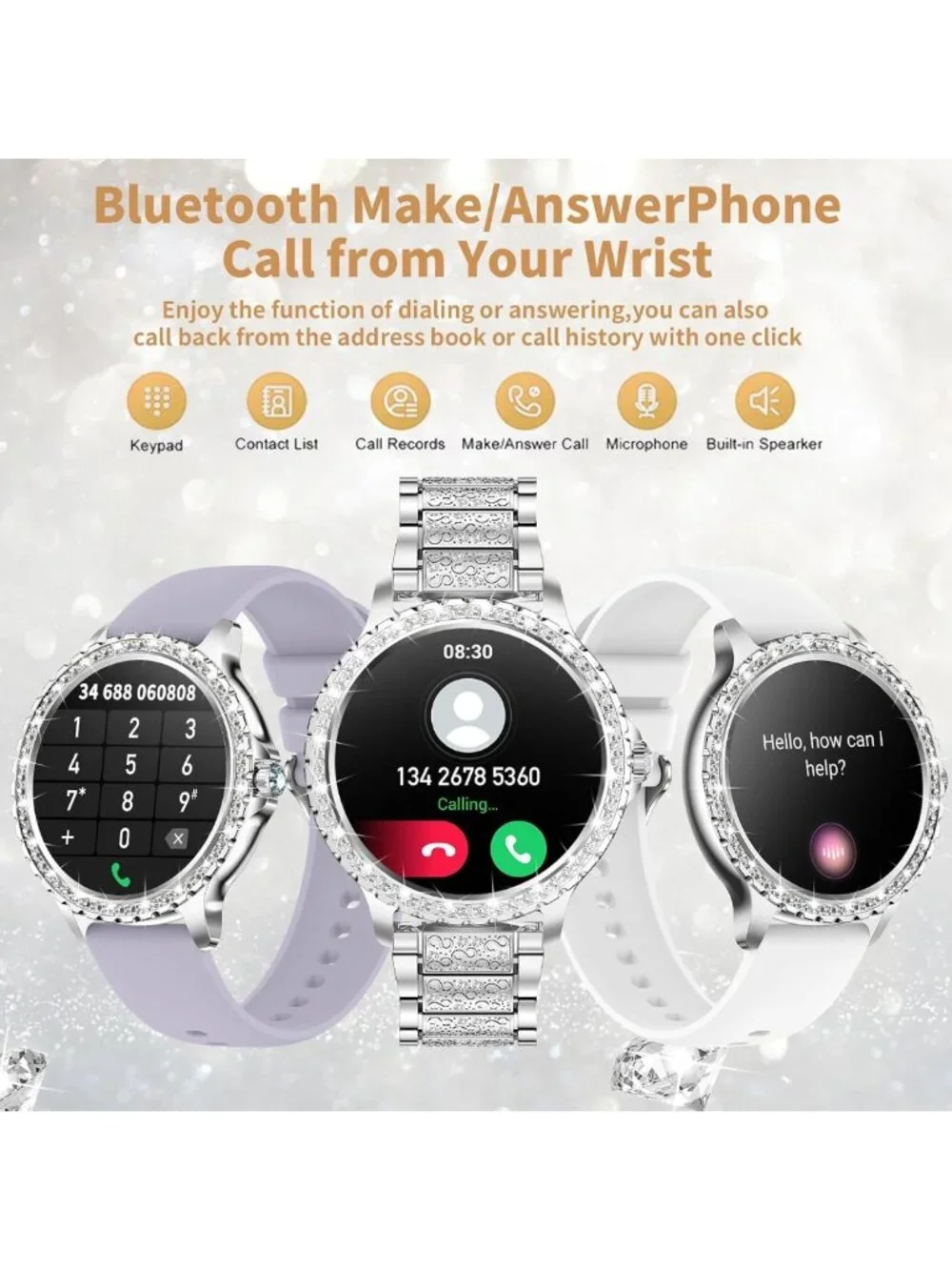 Stylish Diamond Smart Watch for Women, Full Screen Fitness Tracker, Heart Rate